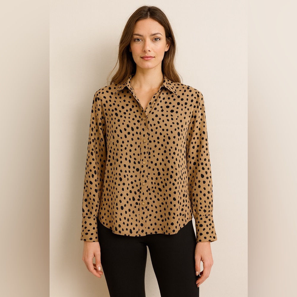 Stateside Brown and Black Animal Print Button Down Blouse Size XS